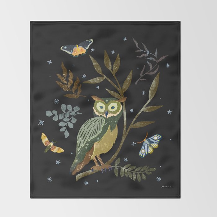 Moonlit Owl and Fluttering Moths Throw Blanket Gallery Image 2