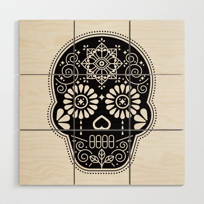 DÃ­a de Muertos Calavera â¢ Mexican Sugar Skull - Black Palette Wood Wall Art Gallery Image 1