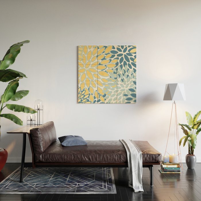Flowers Art - Teal and Yellow - Modern Floral Prints Wood Wall Art Gallery Image 2