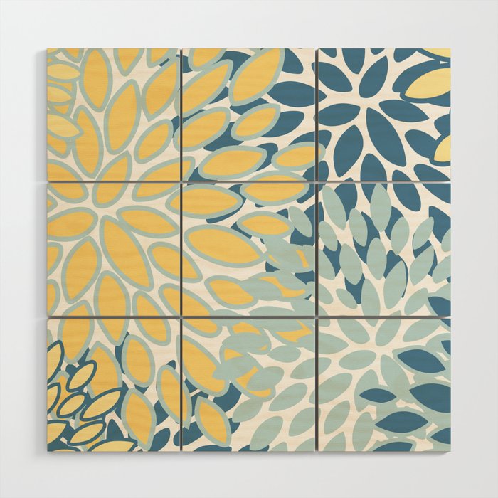 Flowers Art - Teal and Yellow - Modern Floral Prints Wood Wall Art Gallery Image 1