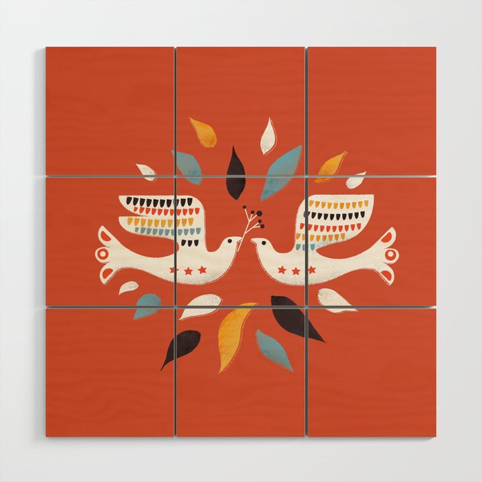 Festive doves - folk illustration Wood Wall Art Gallery Image 1