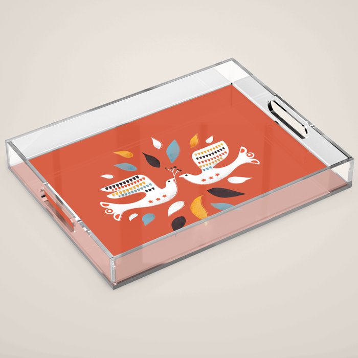 Festive doves - folk illustration Acrylic Tray Gallery Image 1