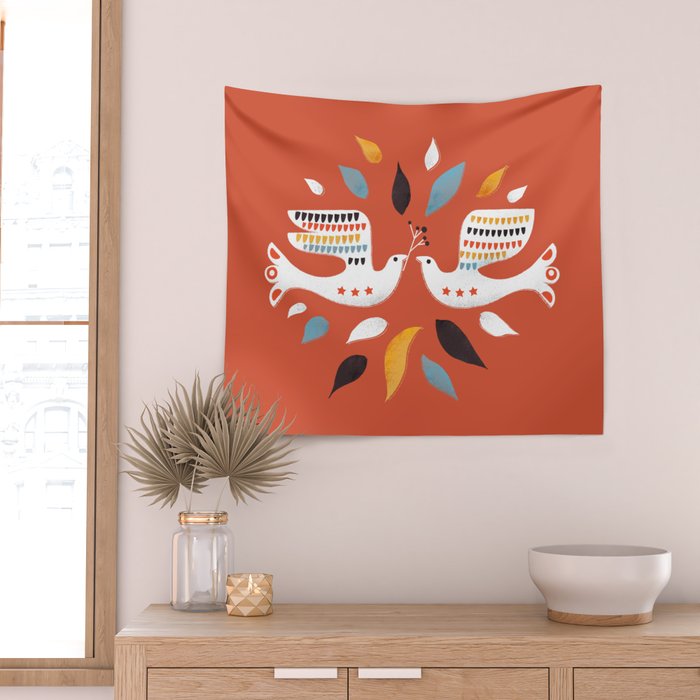 Festive doves - folk illustration Wall Tapestry Gallery Image 2