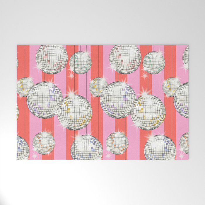 Striped Party Disco Ball Pink Welcome Mat Gallery Image 1