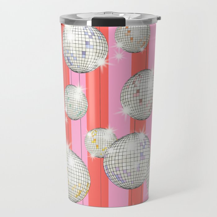 Striped Party Disco Ball Pink Travel Mug Gallery Image 1