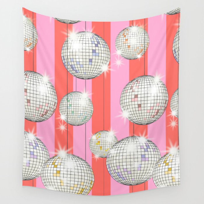 Striped Party Disco Ball Pink Wall Tapestry Gallery Image 4