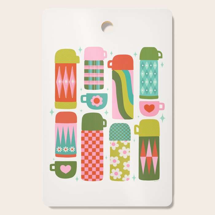 Retro Coffee Thermoses Multicolor on White Cutting Board Gallery Image 1