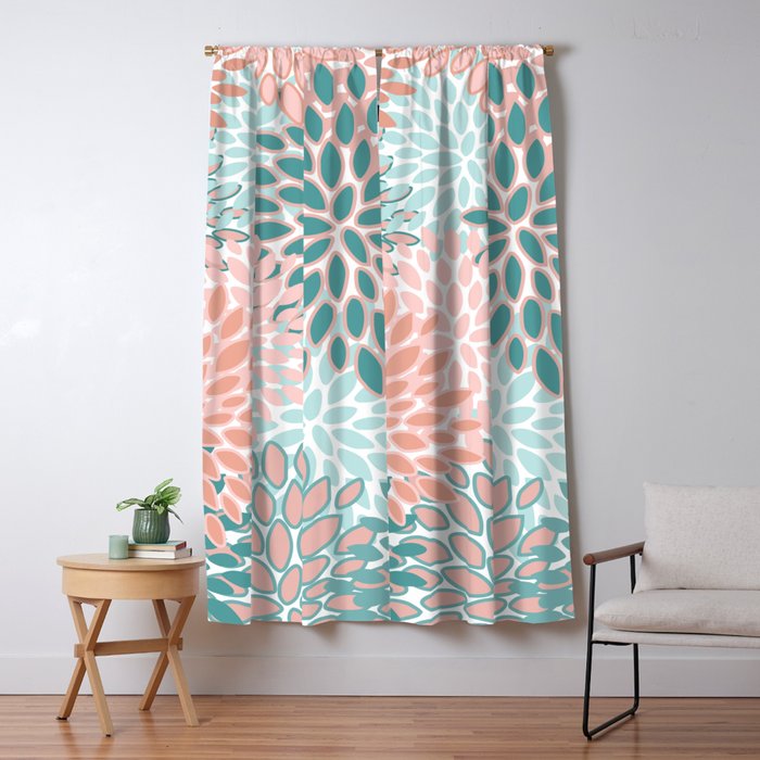 Festive, Modern, Floral Prints, Teal and Coral Window Curtain Gallery Image 5
