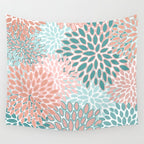 Festive, Modern, Floral Prints, Teal and Coral Wall Tapestry Gallery Image 4