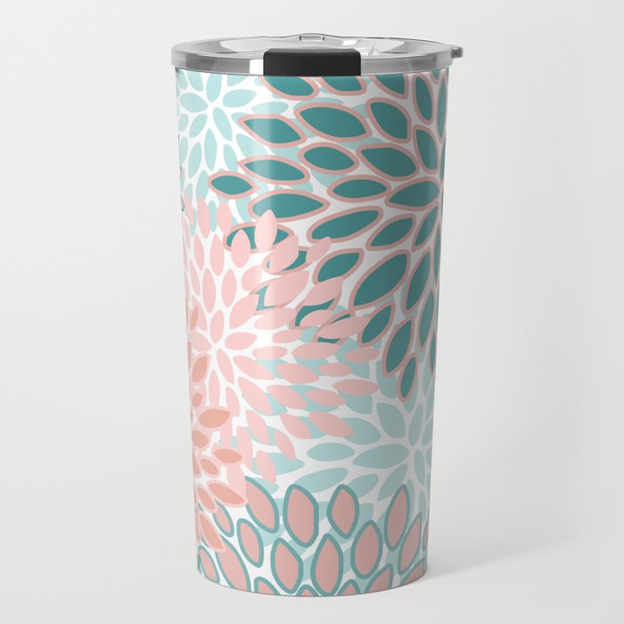 Festive, Modern, Floral Prints, Teal and Coral Travel Mug Gallery Image 1