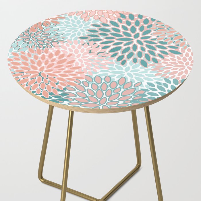 Festive, Modern, Floral Prints, Teal and Coral Side Table Gallery Image 2