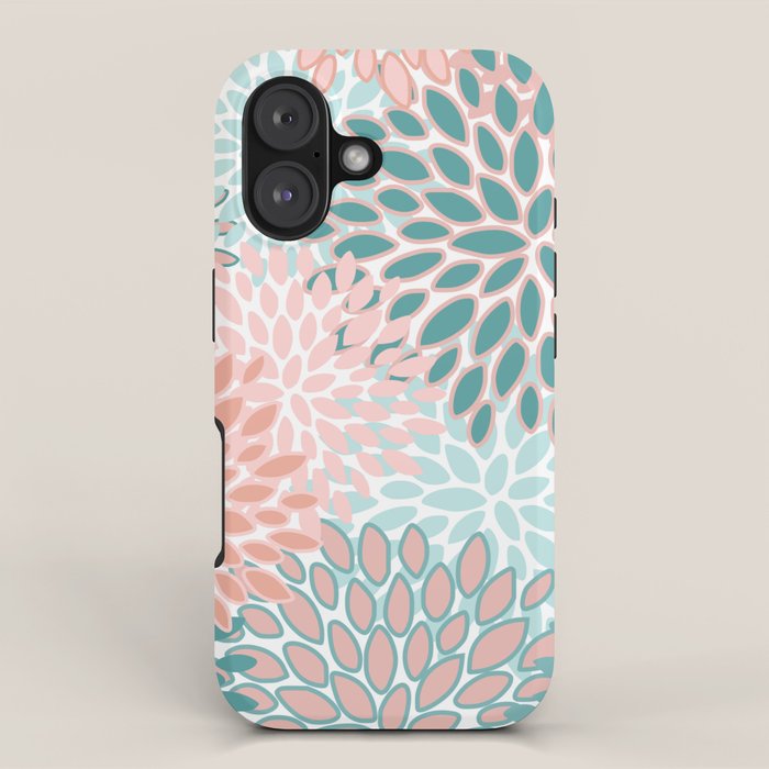 Festive, Modern, Floral Prints, Teal and Coral iPhone Case Gallery Image 1