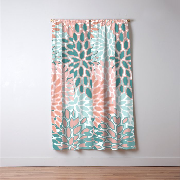 Festive, Modern, Floral Prints, Teal and Coral Window Curtain Gallery Image 3