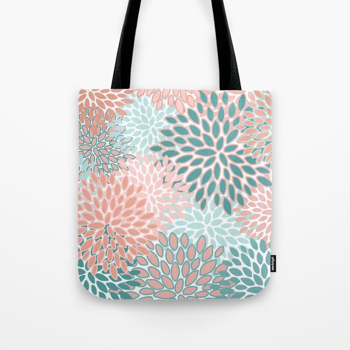 Festive, Modern, Floral Prints, Teal and Coral Tote Bag Gallery Image 1