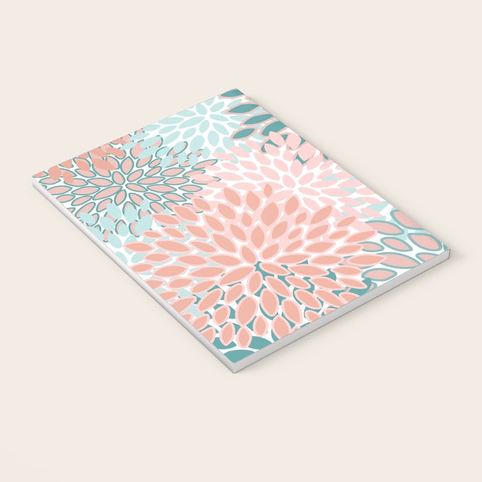 Festive, Modern, Floral Prints, Teal and Coral Notebook Gallery Image 3