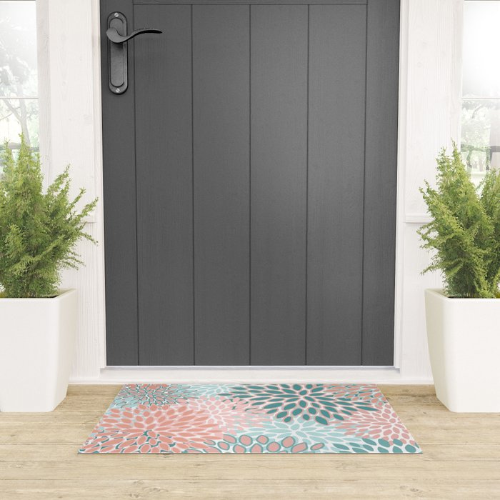 Festive, Modern, Floral Prints, Teal and Coral Welcome Mat Gallery Image 3