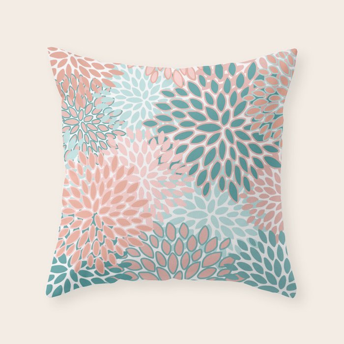 Festive, Modern, Floral Prints, Teal and Coral Throw Pillow Gallery Image 1