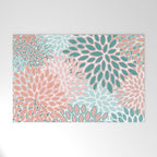 Festive, Modern, Floral Prints, Teal and Coral Welcome Mat Gallery Image 1