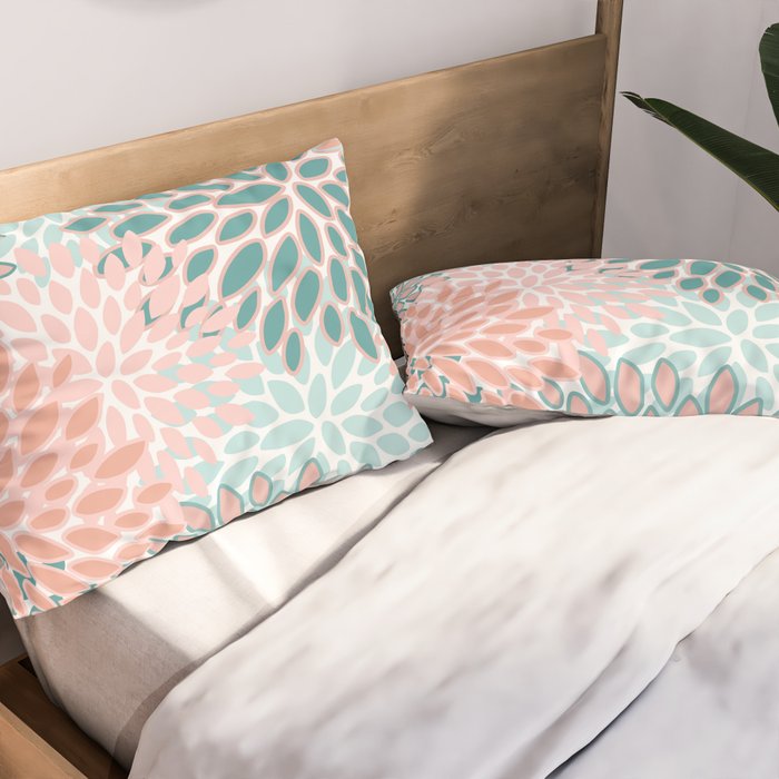 Festive, Modern, Floral Prints, Teal and Coral Pillow Sham Gallery Image 2