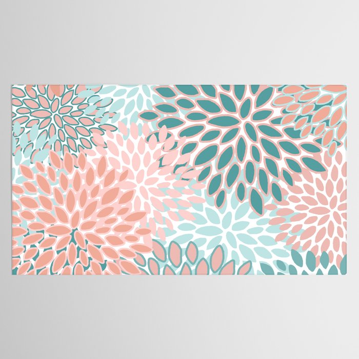 Festive, Modern, Floral Prints, Teal and Coral Tablecloth Gallery Image 2