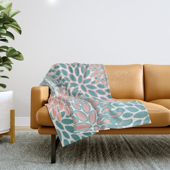 Festive, Modern, Floral Prints, Teal and Coral Throw Blanket Gallery Image 1