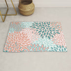 Festive, Modern, Floral Prints, Teal and Coral Rug Gallery Image 1