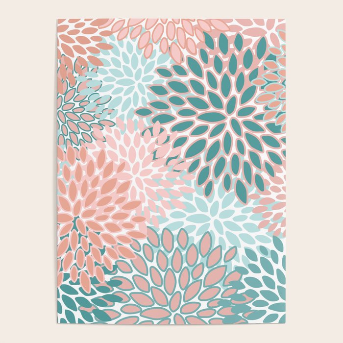 Festive, Modern, Floral Prints, Teal and Coral Poster Gallery Image 4