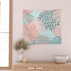 Festive, Modern, Floral Prints, Teal and Coral Wall Tapestry Gallery Image 2