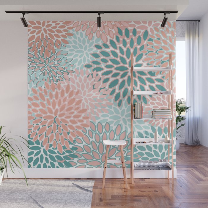 Festive, Modern, Floral Prints, Teal and Coral Wall Mural Gallery Image 1