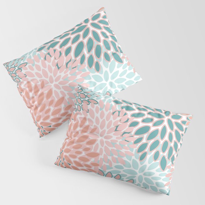 Festive, Modern, Floral Prints, Teal and Coral Pillow Sham Gallery Image 3