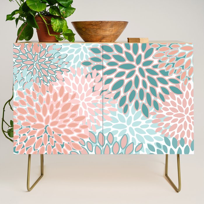 Festive, Modern, Floral Prints, Teal and Coral Credenza Gallery Image 1