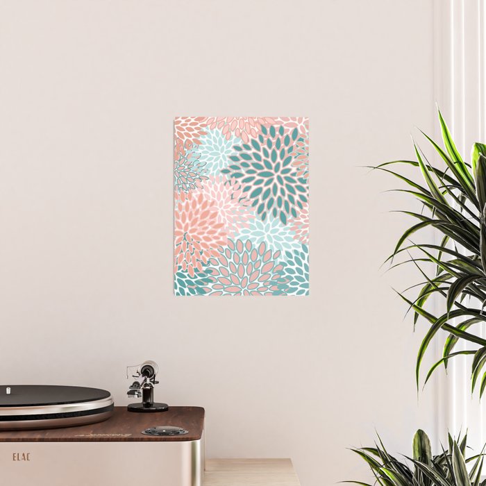 Festive, Modern, Floral Prints, Teal and Coral Poster Gallery Image 2