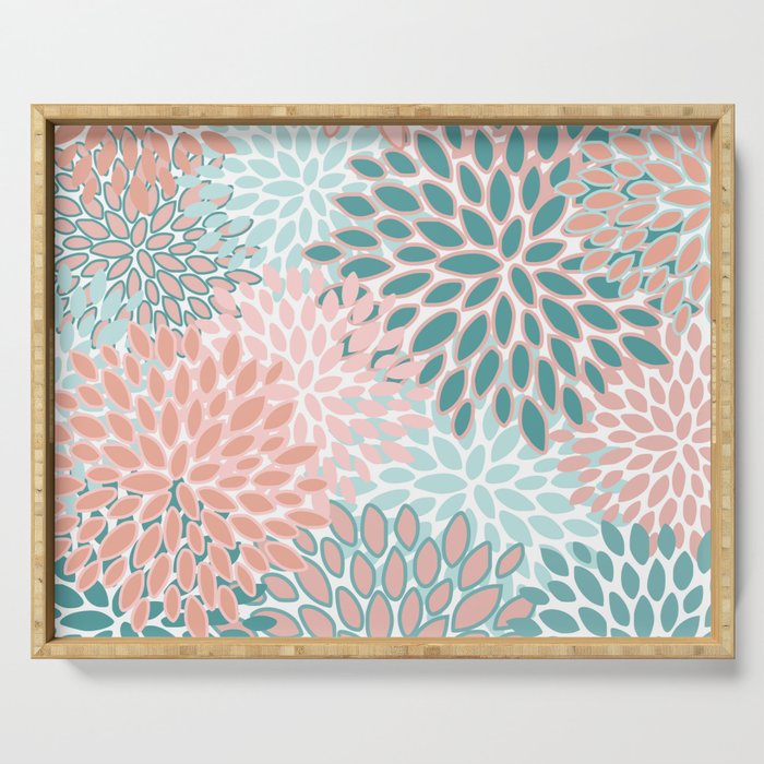 Festive, Modern, Floral Prints, Teal and Coral Serving Tray Gallery Image 1