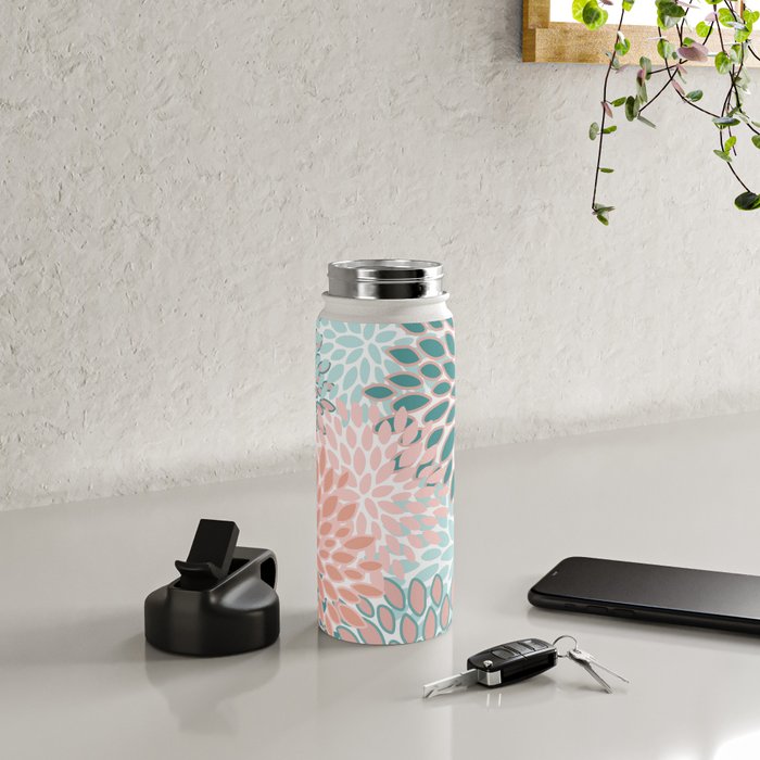 Festive, Modern, Floral Prints, Teal and Coral Water Bottle Gallery Image 4