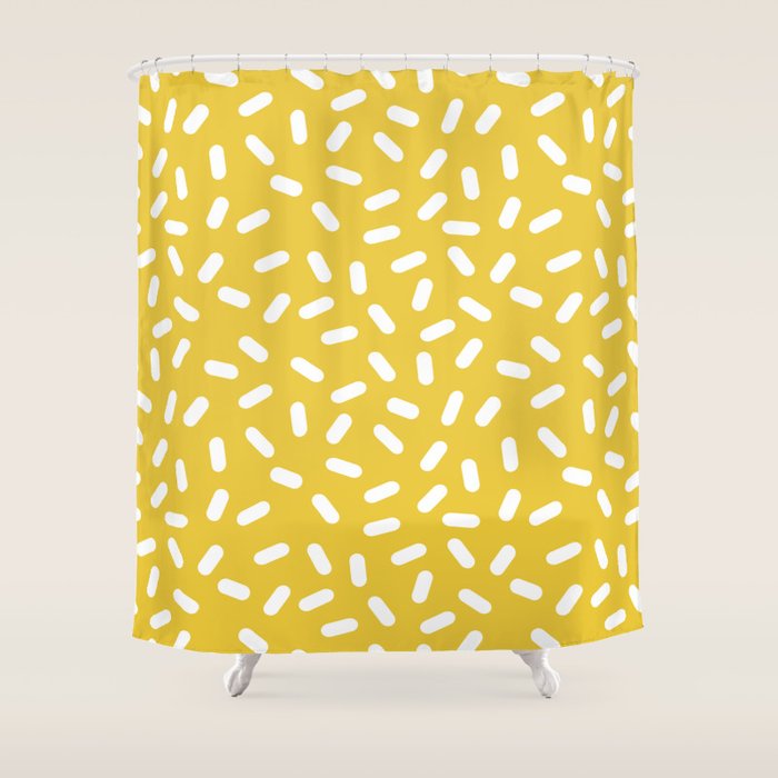 Somethin' Somethin' - yellow bright happy sprinkles pills dash pattern rad minimal prints Shower Curtain Gallery Image 1