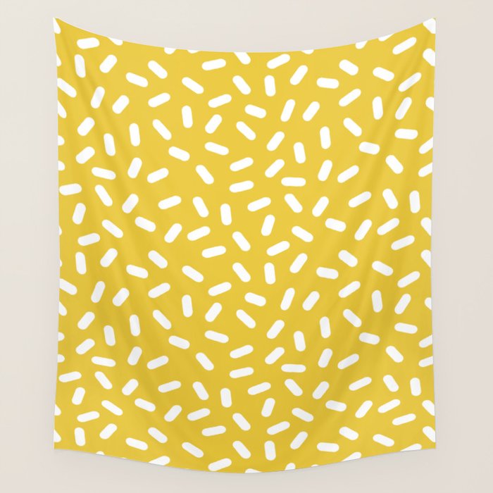 Somethin' Somethin' - yellow bright happy sprinkles pills dash pattern rad minimal prints Wall Tapestry Gallery Image 1