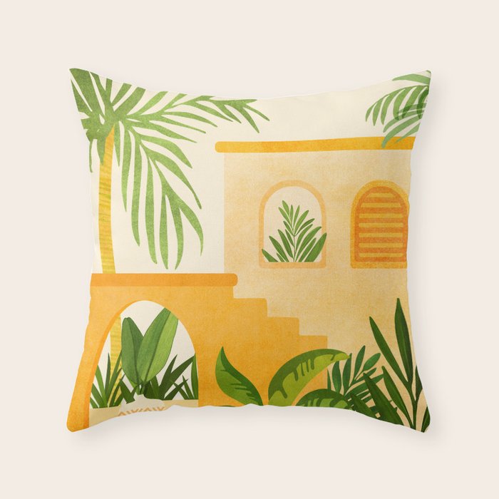 Garden Hacienda / Whimsical Landscape Illustration Throw Pillow Gallery Image 1