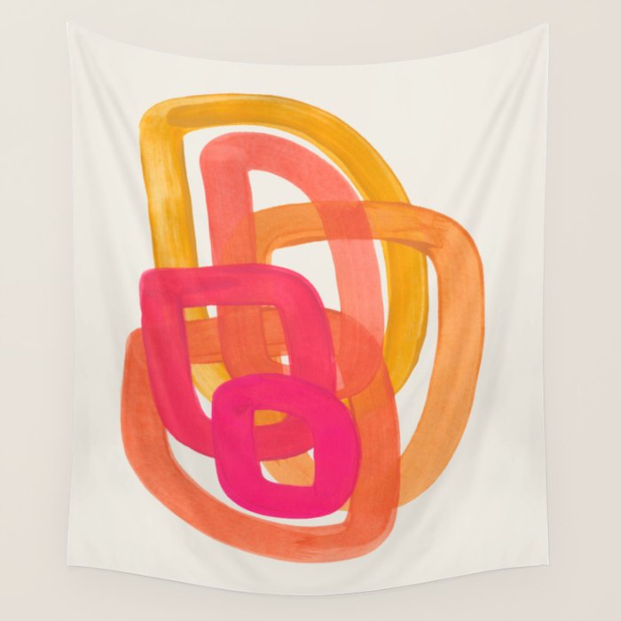 Funky Retro 70's Style Pattern Orange Pink Greindent Striped Circles Mid Century Colorful Pop Art Wall Tapestry Gallery Image 4