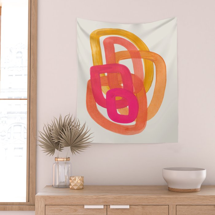 Funky Retro 70's Style Pattern Orange Pink Greindent Striped Circles Mid Century Colorful Pop Art Wall Tapestry Gallery Image 2