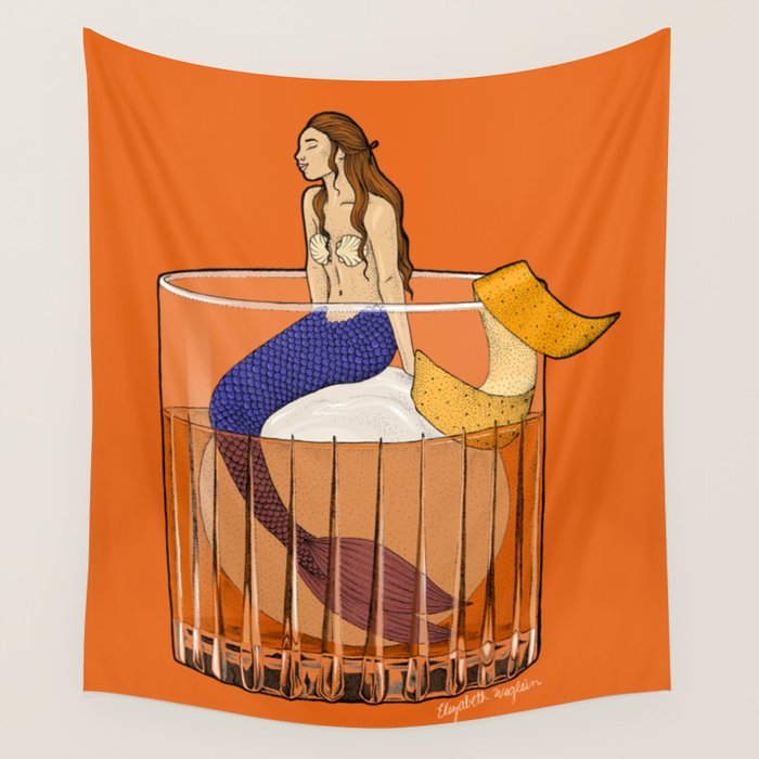 Old Fashioned Mermaid Cocktail Illustration Wall Tapestry Gallery Image 4