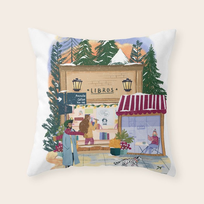 Winter at the bookshop Throw Pillow Gallery Image 6