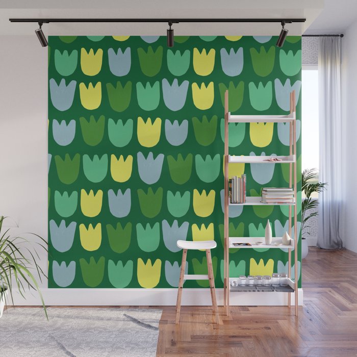 Rows of Tulips in Bloom in Sage & Chartreuse Wall Mural Gallery Image 1