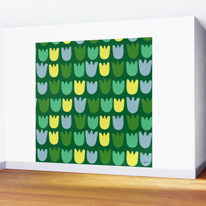Rows of Tulips in Bloom in Sage & Chartreuse Wall Mural Gallery Image 2