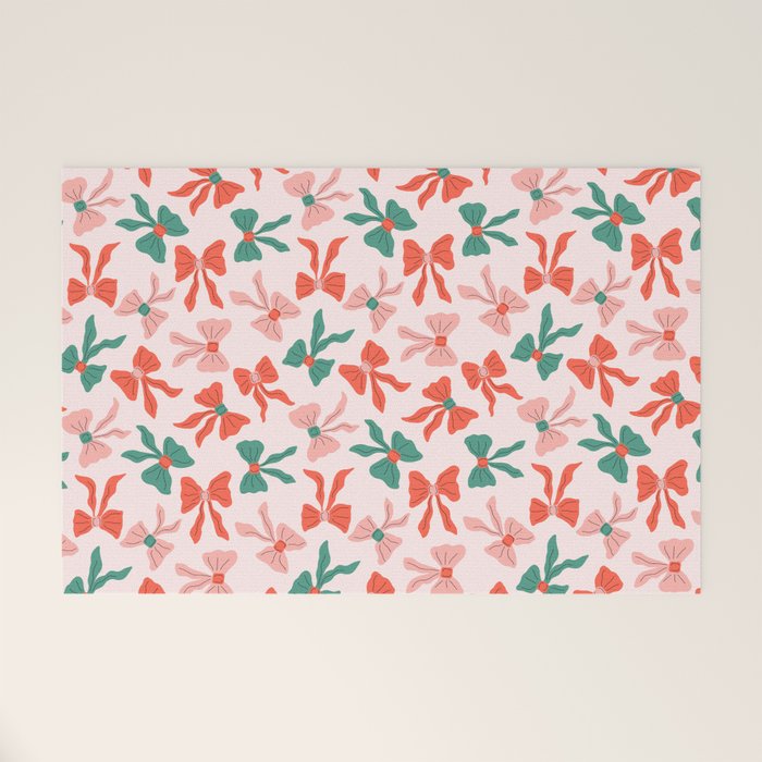 Playful Scattered Coquette Bows Festive Green Red and Pink Welcome Mat Gallery Image 1