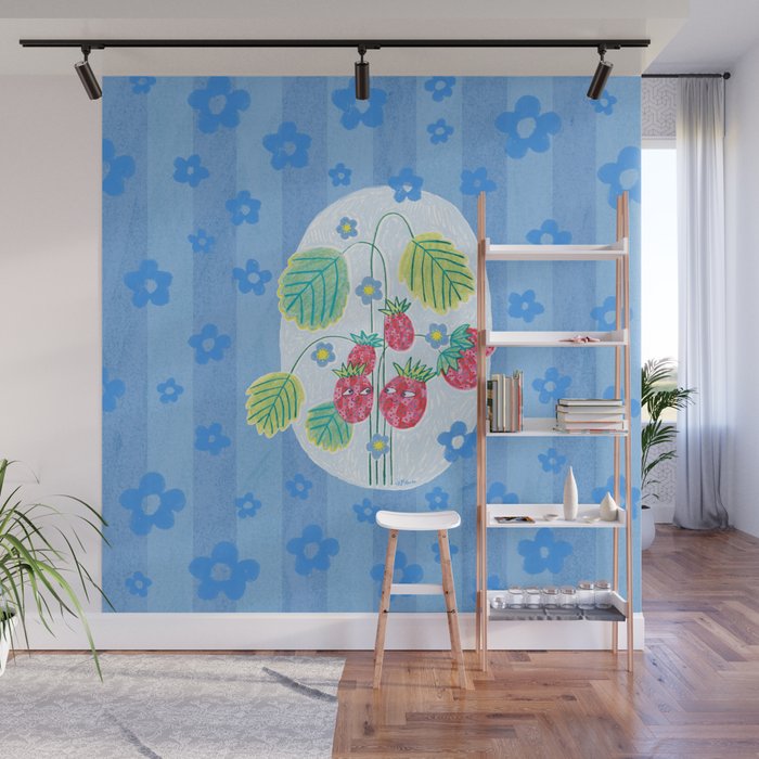 Sweet Strawberry Plant Friends in Sky Blue & Pink Wall Mural Gallery Image 1