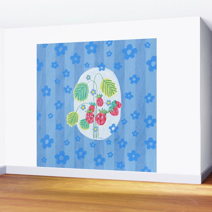 Sweet Strawberry Plant Friends in Sky Blue & Pink Wall Mural Gallery Image 2
