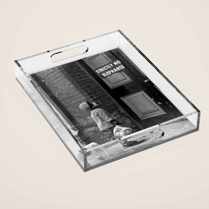 'Strictly No Elephants' vintage humorous child verses the world black and white photograph / black and white photography Acrylic Tray Gallery Image 1