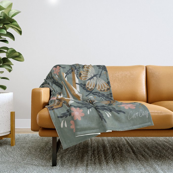 Oui Butterflies - Mint & Gold Throw Blanket Gallery Image 1