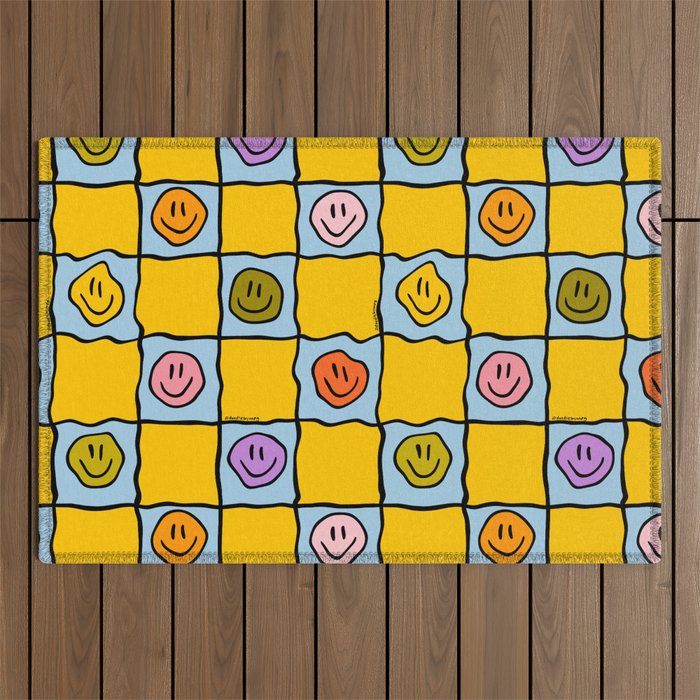 Yellow Happy Face Checkerboard Print Outdoor Rug Gallery Image 1