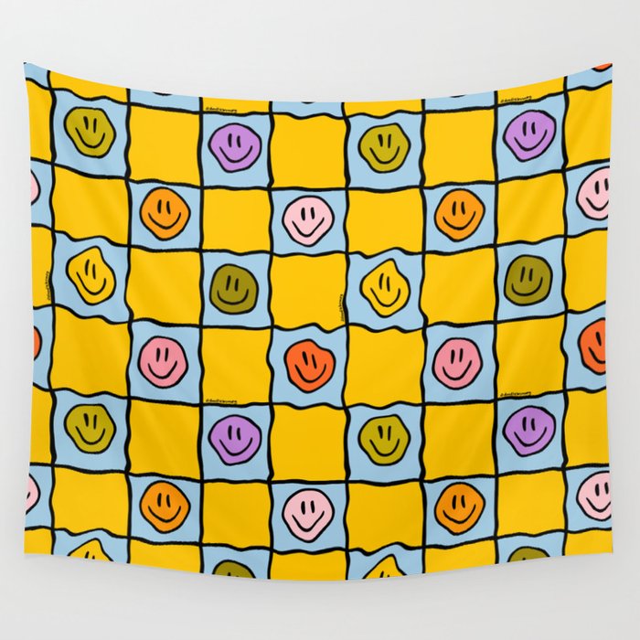 Yellow Happy Face Checkerboard Print Wall Tapestry Gallery Image 4